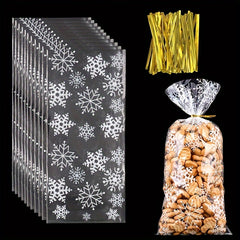 50 Snowflake Candy Bags with 100 Golden Twisted Ties for Party Supplies