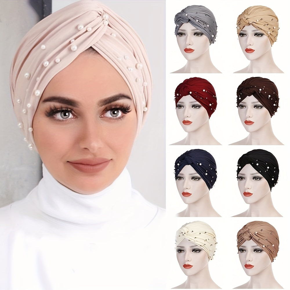 Pleated Turban Cap Faux Pearl Decor Head Wraps Elastic Beanie Bonnet