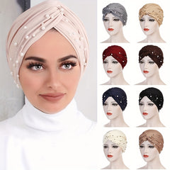 Pleated Turban Cap Faux Pearl Decor Head Wraps Elastic Beanie Bonnet