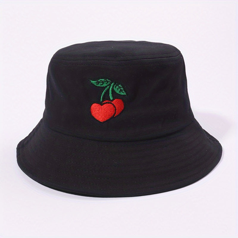 Cherry Embroidery Bucket Hat Casual Sunscreen Fisherman Cap