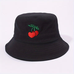 Cherry Embroidery Bucket Hat Casual Sunscreen Fisherman Cap