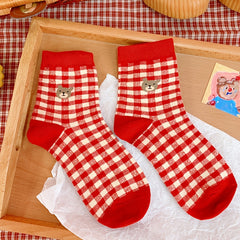 Teddy Bear Red Socks Comfy Mid Tube Women's Stockings