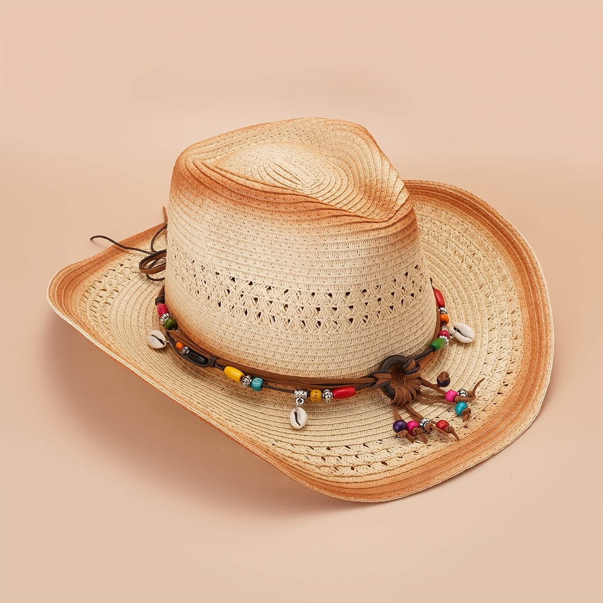 Khaki Wide Brim Cowboy Hat Boho Beads Belt Chain Decor