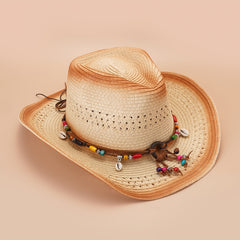 Khaki Wide Brim Cowboy Hat Boho Beads Belt Chain Decor