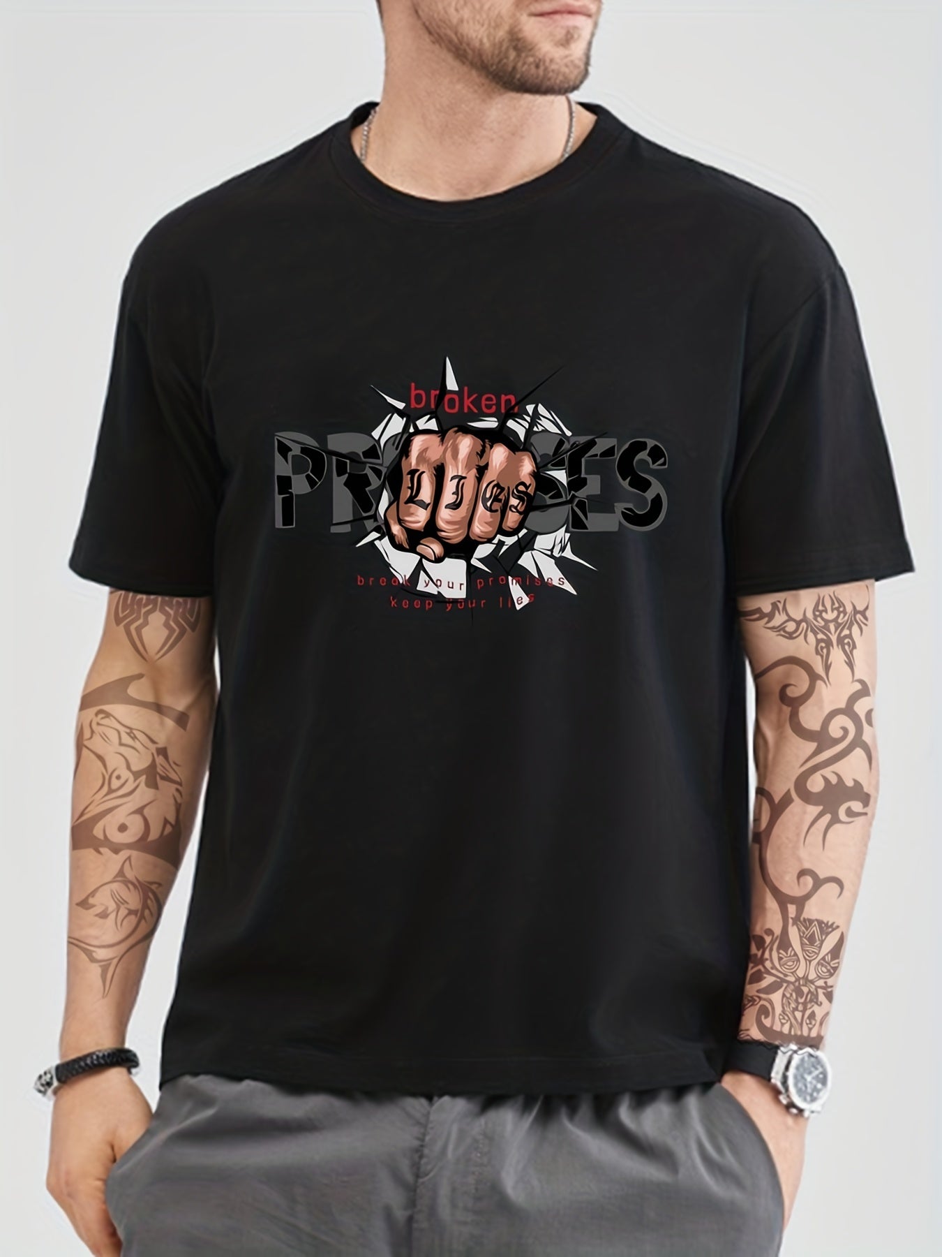 Cotton Fist Print Men's Graphic Crew Neck T-Shirt for Summer