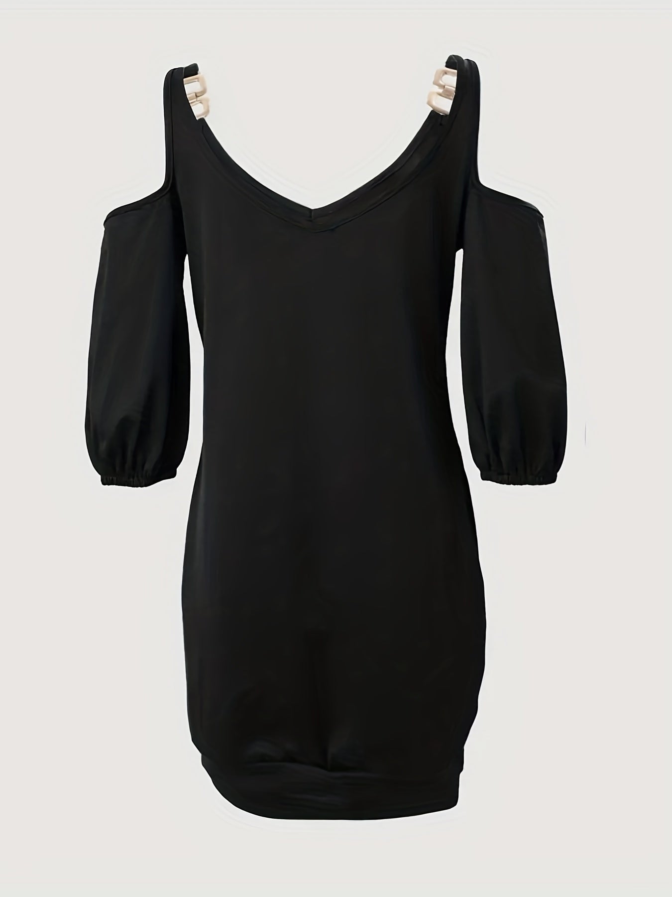 Casual Cold Shoulder V Neck Dress 3/4 Sleeve Solid