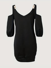 Casual Cold Shoulder V Neck Dress 3/4 Sleeve Solid