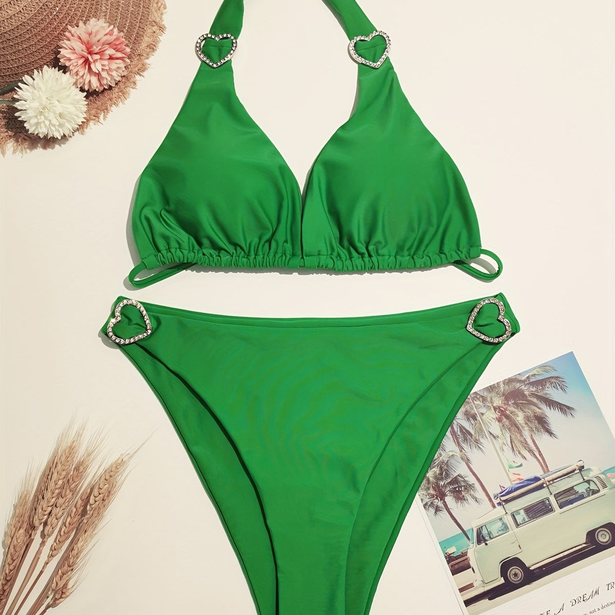  Solid Heart Ring Halter Neck Bikini Set