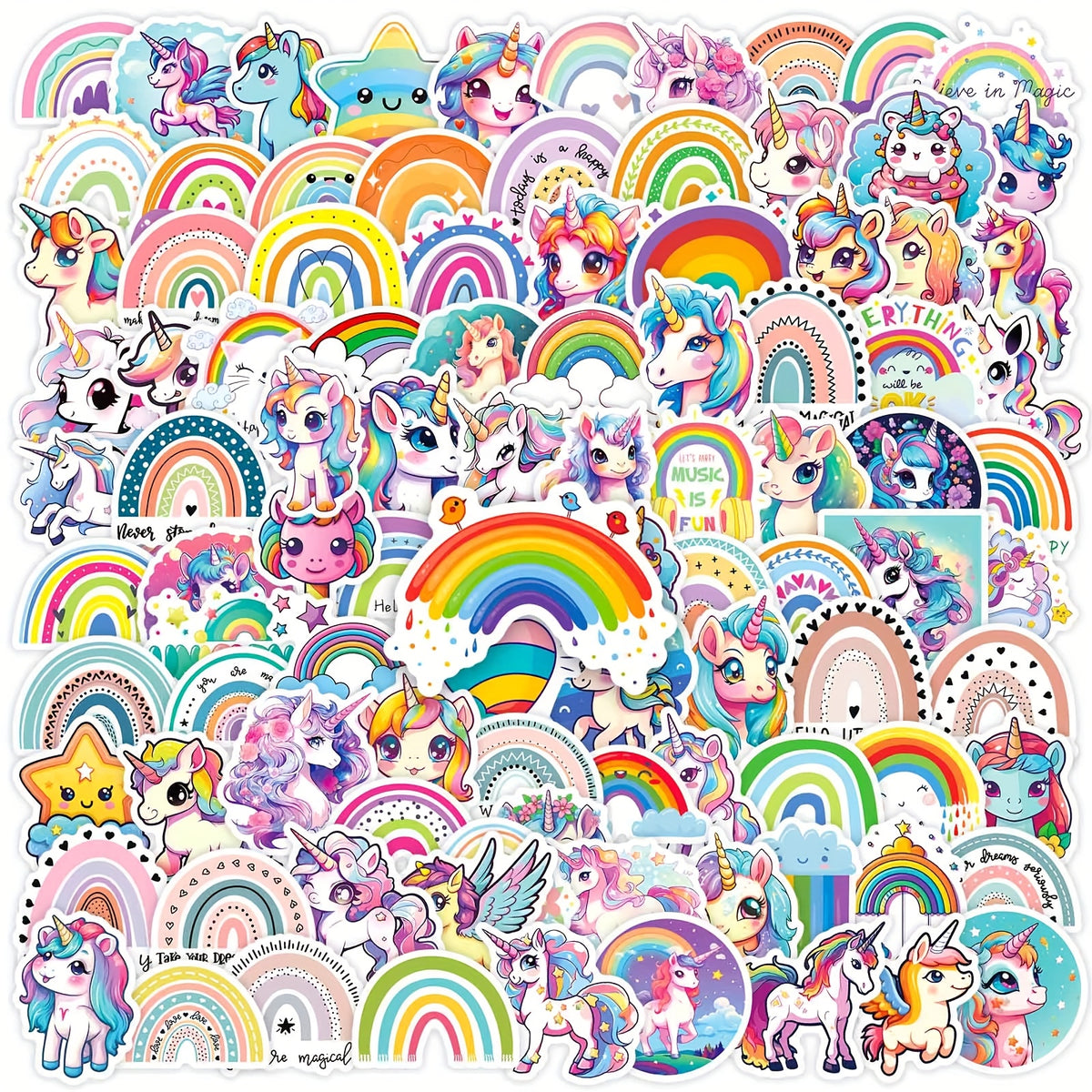 100pcs Rainbow Unicorn Sticker Pack for Laptops Phones Suitcases