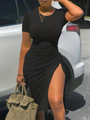 Ombre Ruched Dress Side Slit Short Sleeve Crew Neck Casual Dress