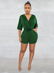Drawstring Waist Romper Jumpsuit V-Neck Casual Short Sleeve