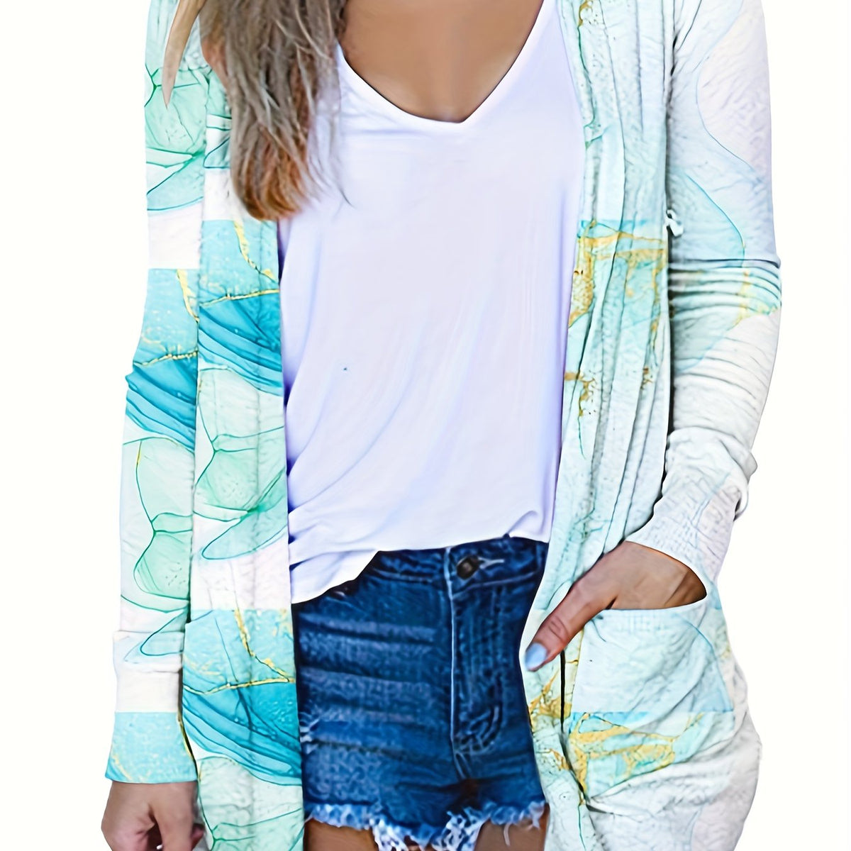  Glitter Marble Print Long Sleeve Open Front Cardigan