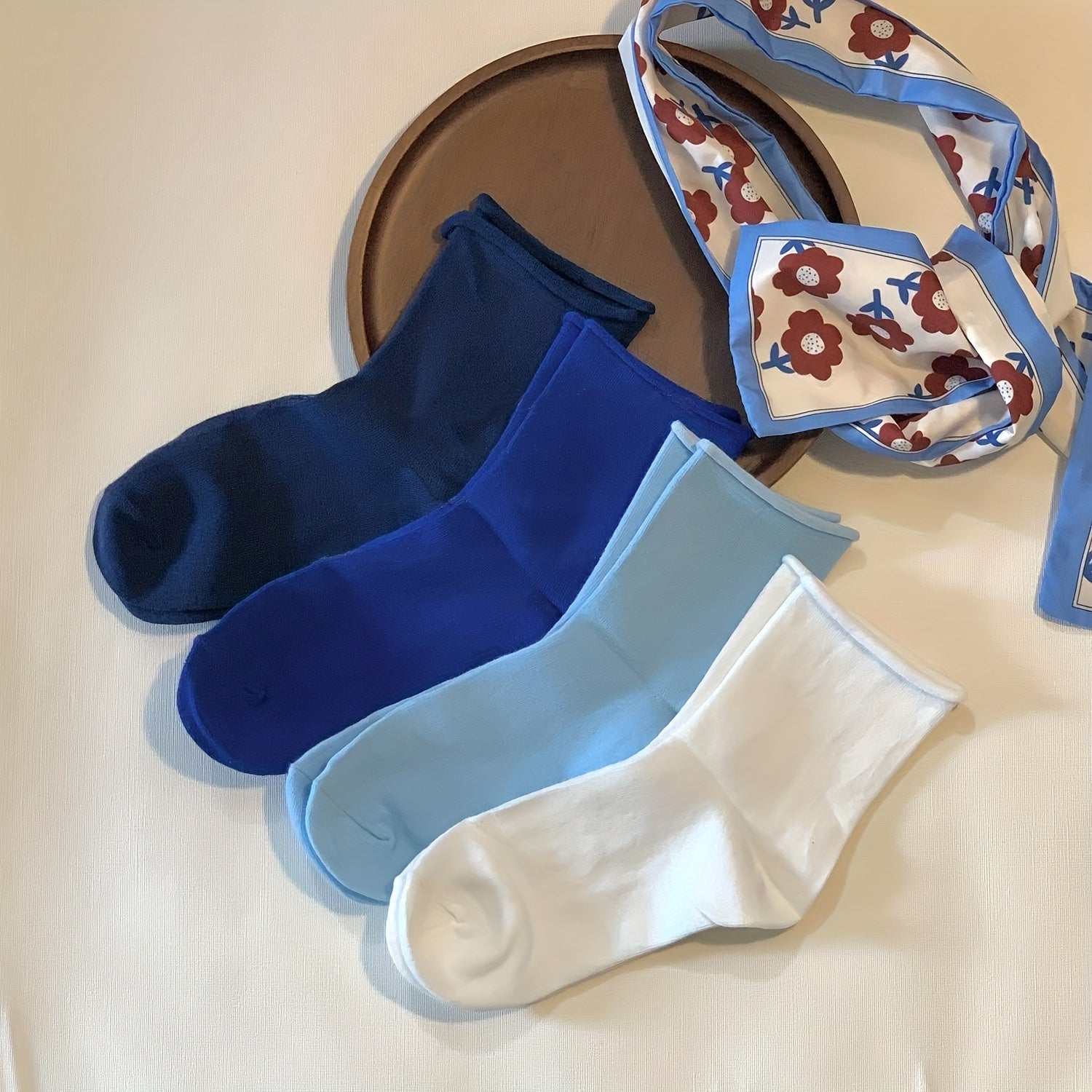 4 Pairs Rolled Edge Mid Tube Socks Women's Stockings