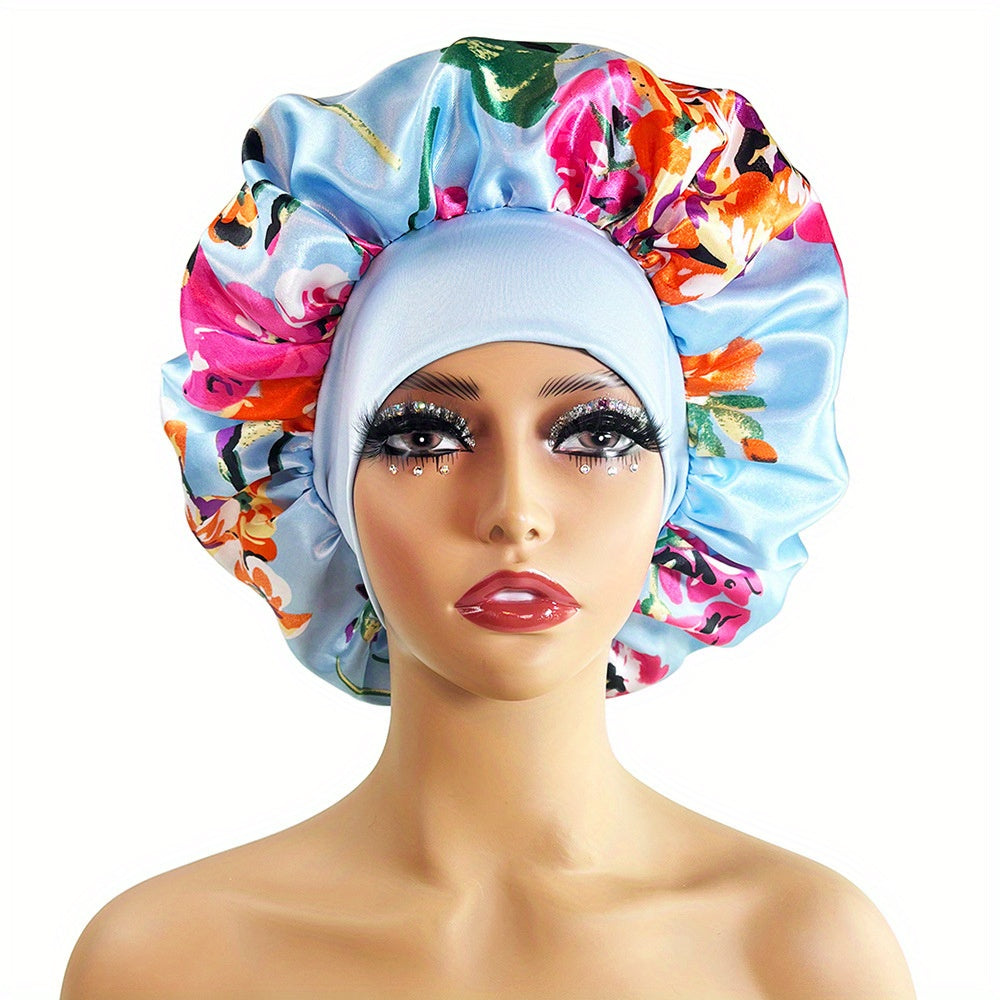 Flower Print Satin Bonnet Large Soft Elastic Sleeping Night Hat Silk Hair