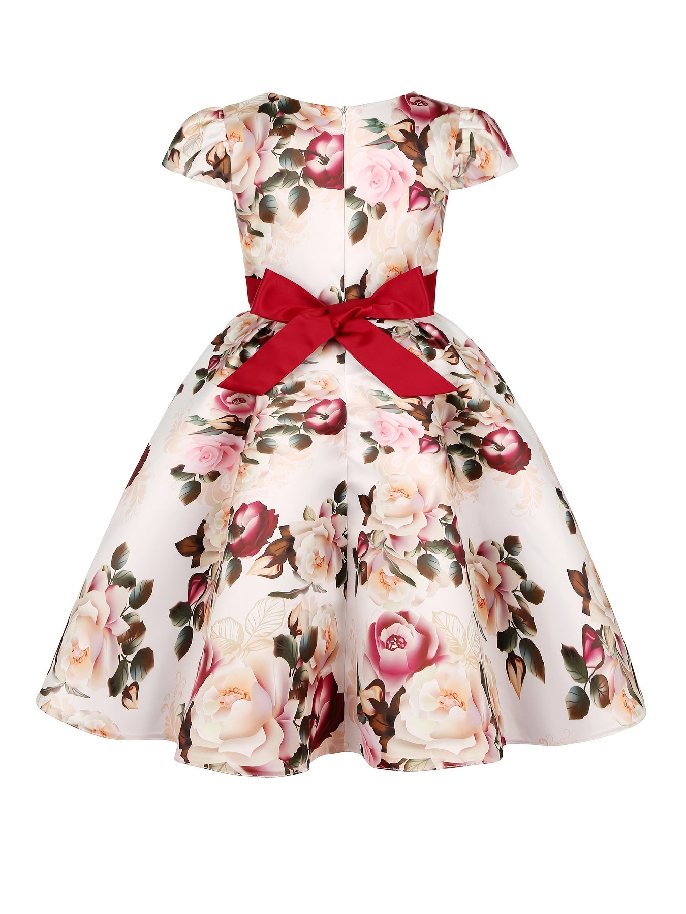 Floral Print Bowknot Short Sleeve Princess Dress