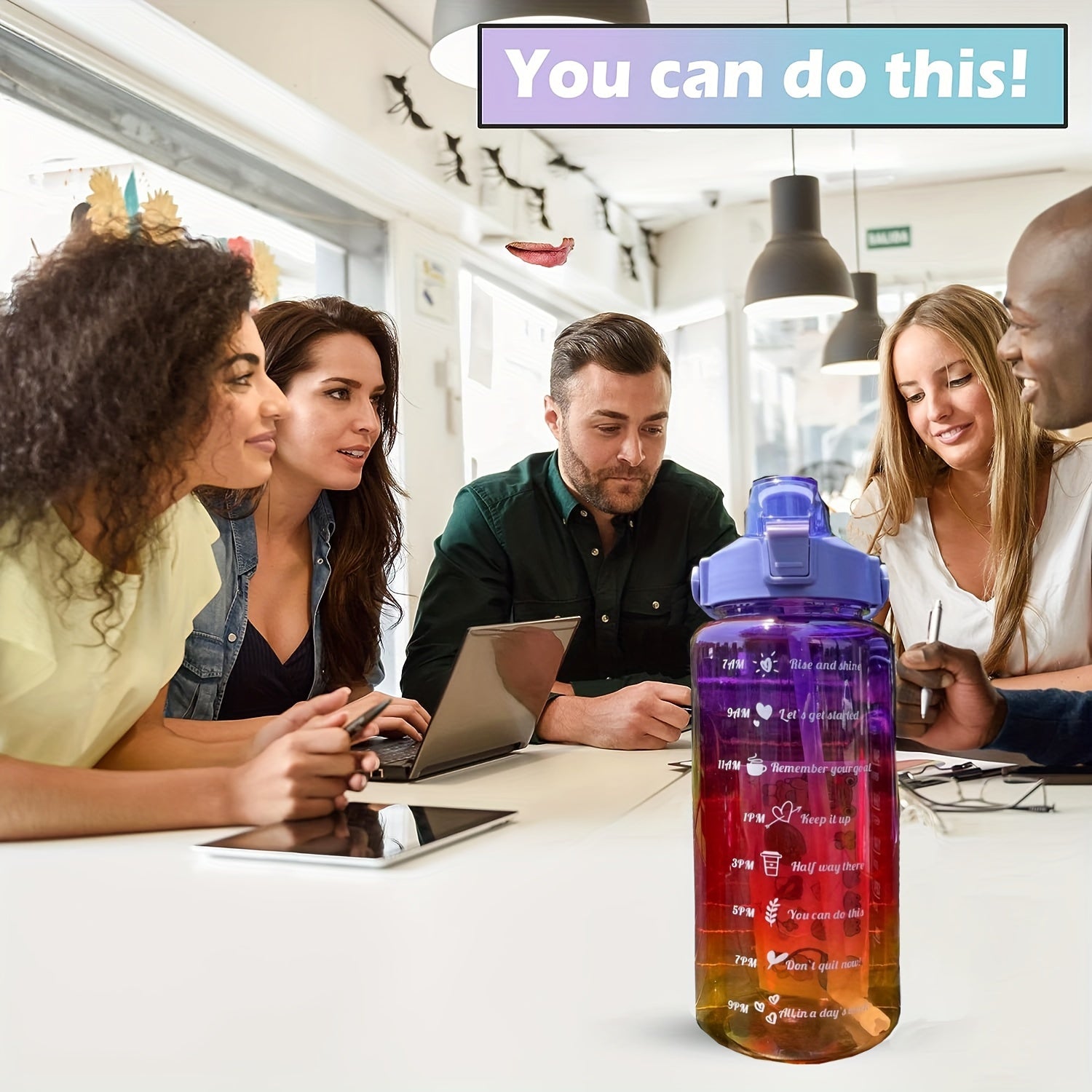 Gradient Leakproof Water Bottle with Time Marker and Straw Cup