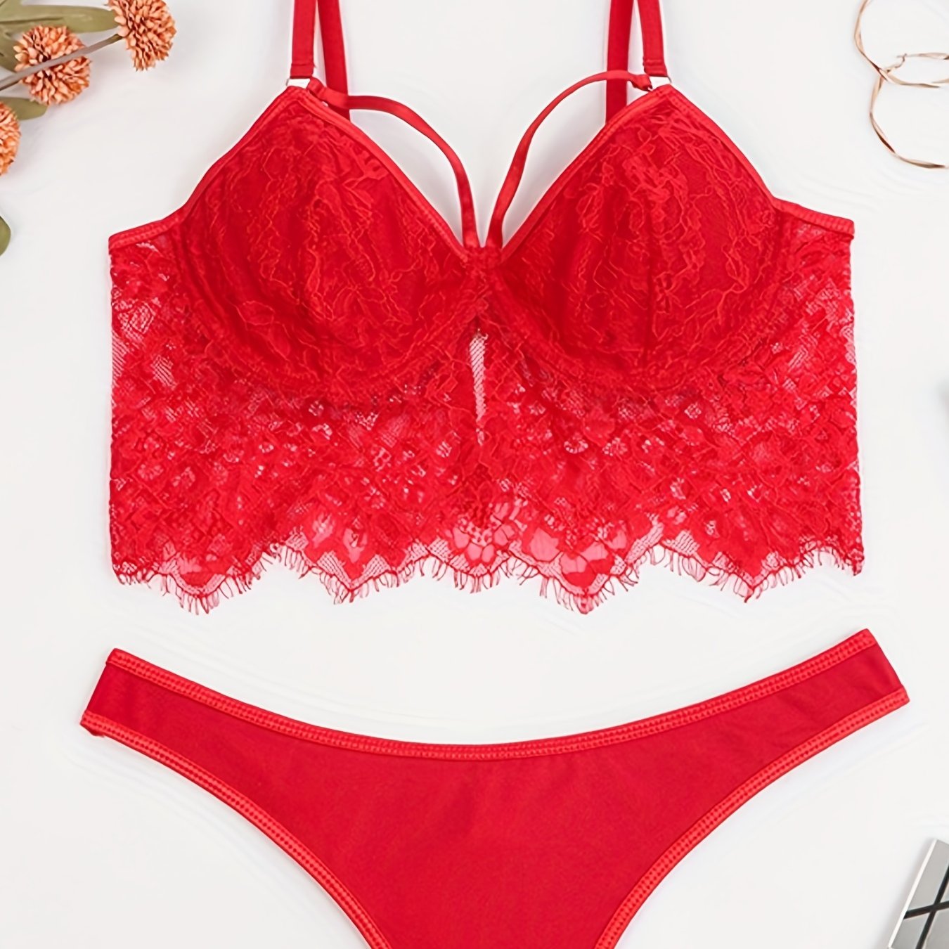  Eyelash Lace Strappy Bra & Panty Lingerie Set