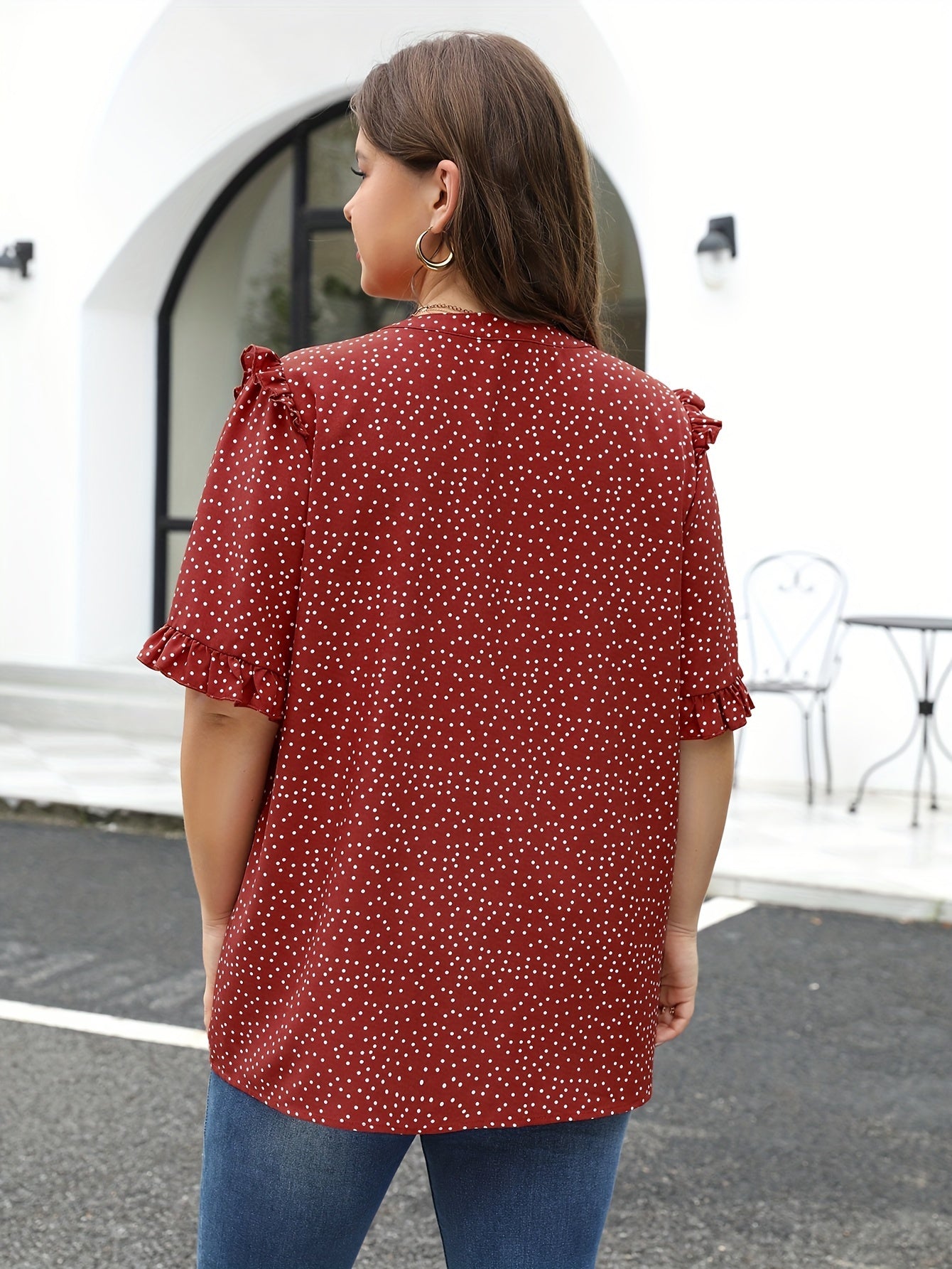  Dot Print Ruffle Trim Short Sleeve V Neck Blouse