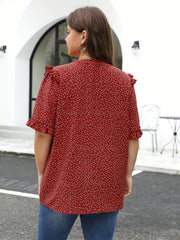  Dot Print Ruffle Trim Short Sleeve V Neck Blouse