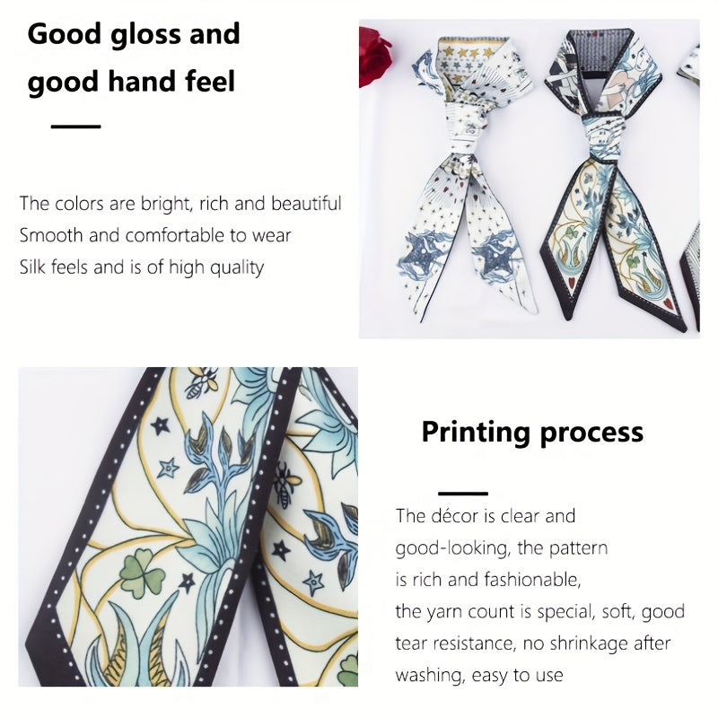 Flower Print Skinny Scarf Long Ribbon Neckerchief Silk Twilly Scarf