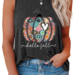 Floral Pumpkin & Slogan Print Plus Size Halloween Tank Top