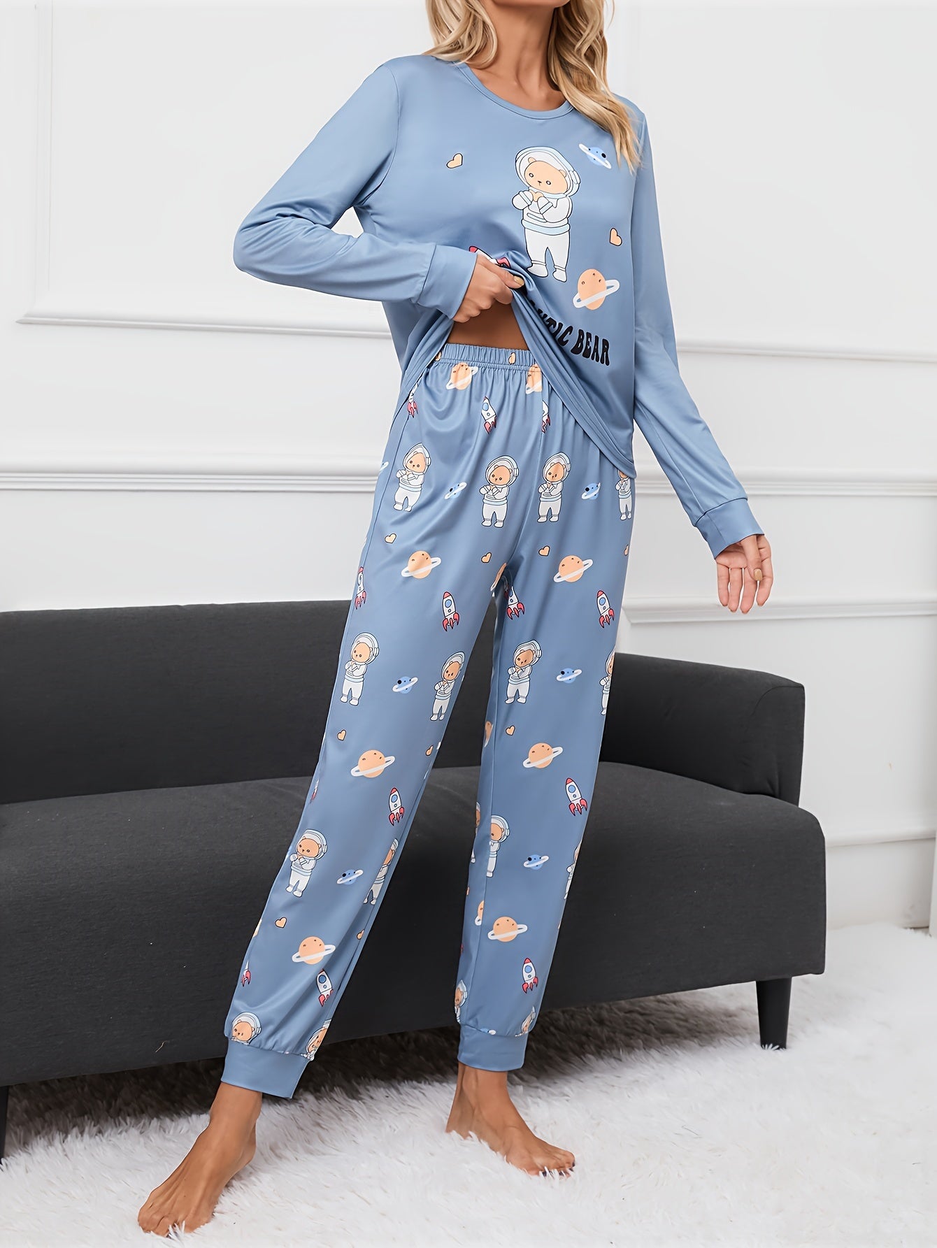 Bear Print Pajama Set Long Sleeve Top & Pants Women's Sleepwear