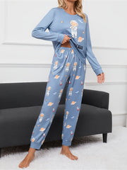 Bear Print Pajama Set Long Sleeve Top & Pants Women's Sleepwear