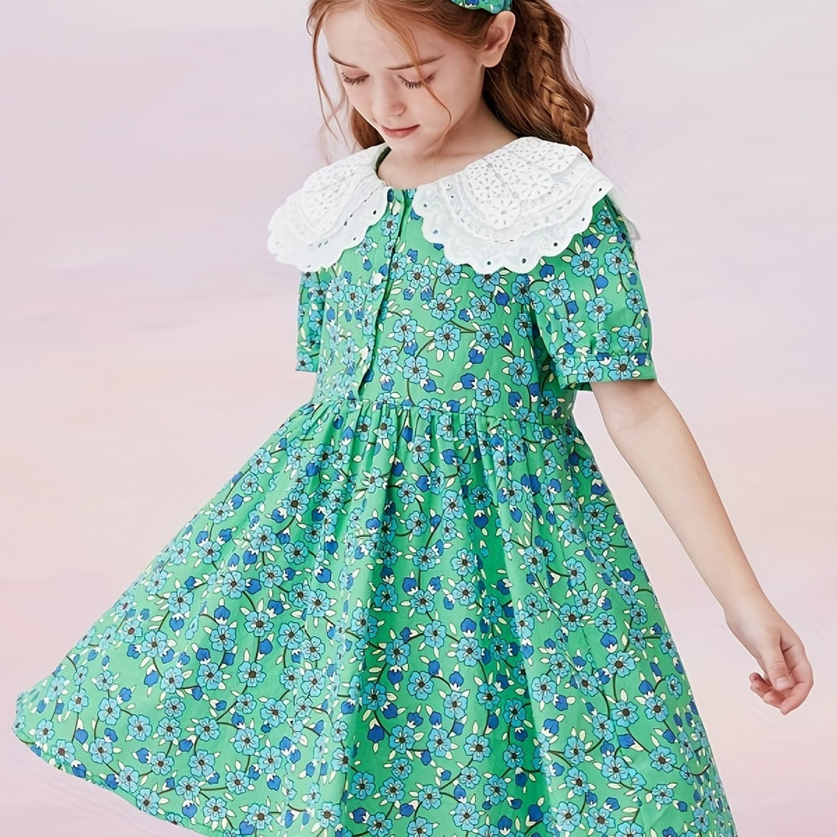 Girls Summer Floral Dress Doll Collar Casual Student Dress