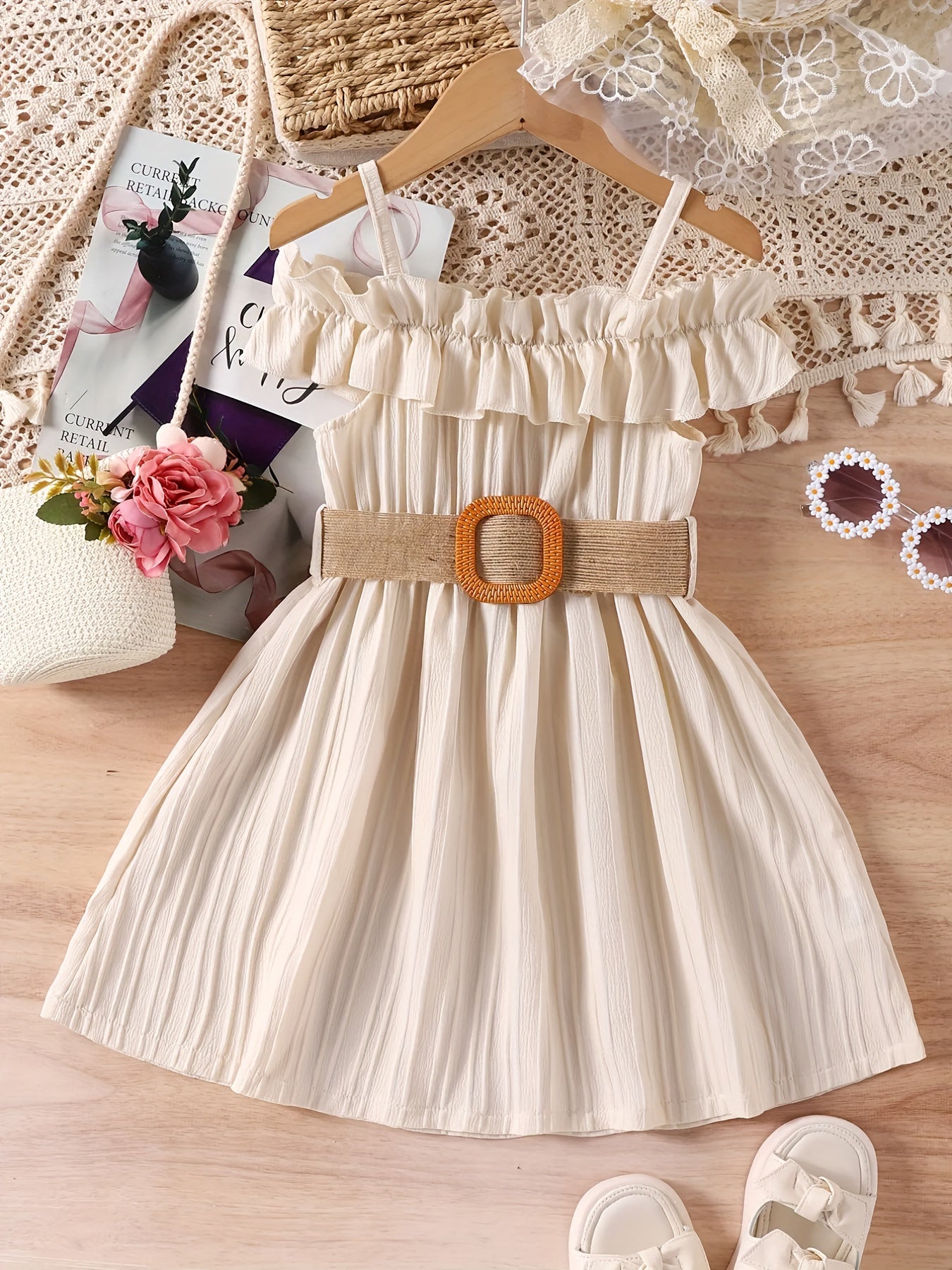 Girls' Off-Shoulder Princess Dress with Strappy Frills