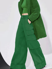  Solid Wide Leg Cargo Pants High Rise Button Fly Trousers