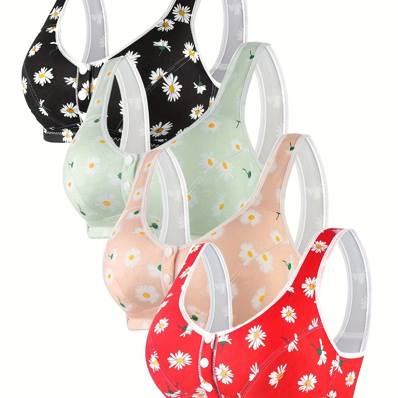 4pcs Floral Print Wireless Bras Front Buckle Push Up Bra Women's Lingerie