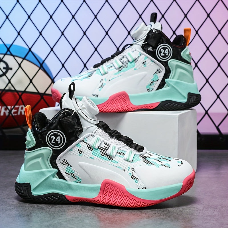 Boys High Top Basketball Shoes w/ Rotating Buckle Comfy Soft Sole