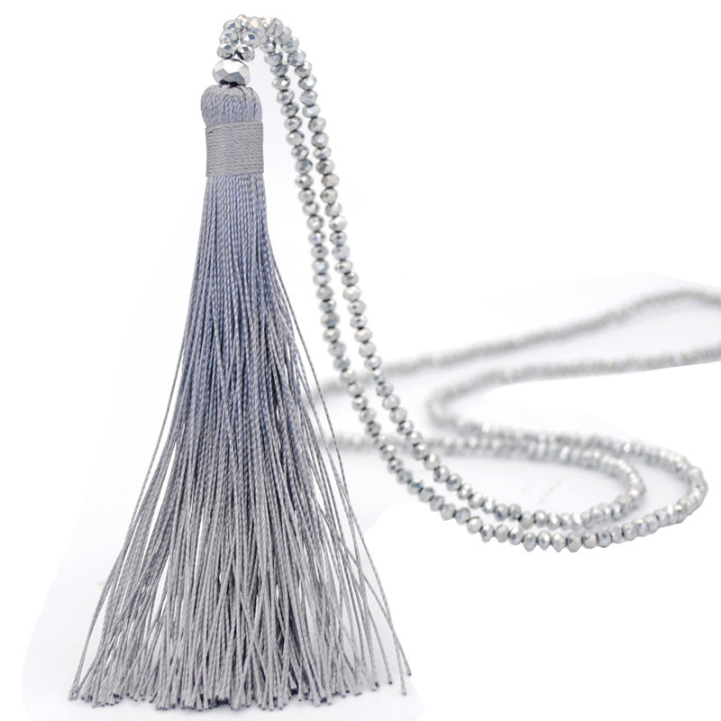 Multicolor Crystal Beaded Necklace Tassel Pendant Long Sweater Chain