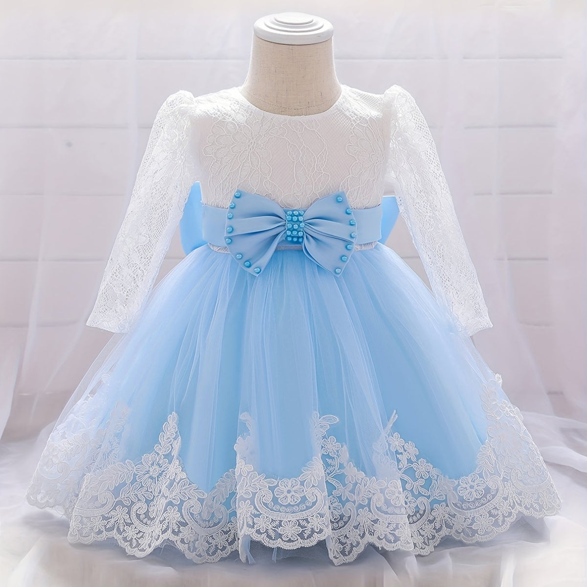 Bow Princess Gown Dress Girls Long Sleeve Lace Floral Stitching One Year's Dress