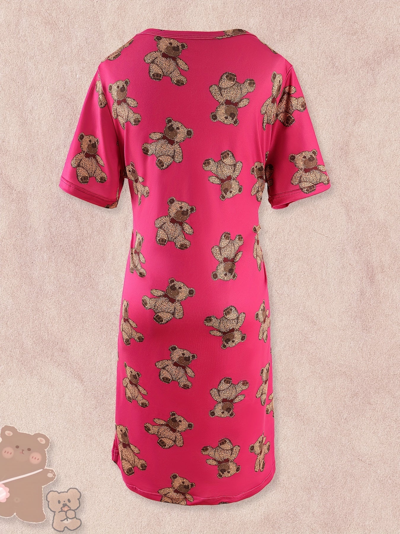 Bear Print Lounge Dress Short Sleeve Crew Neck Women's Loungewear