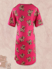 Bear Print Lounge Dress Short Sleeve Crew Neck Women's Loungewear