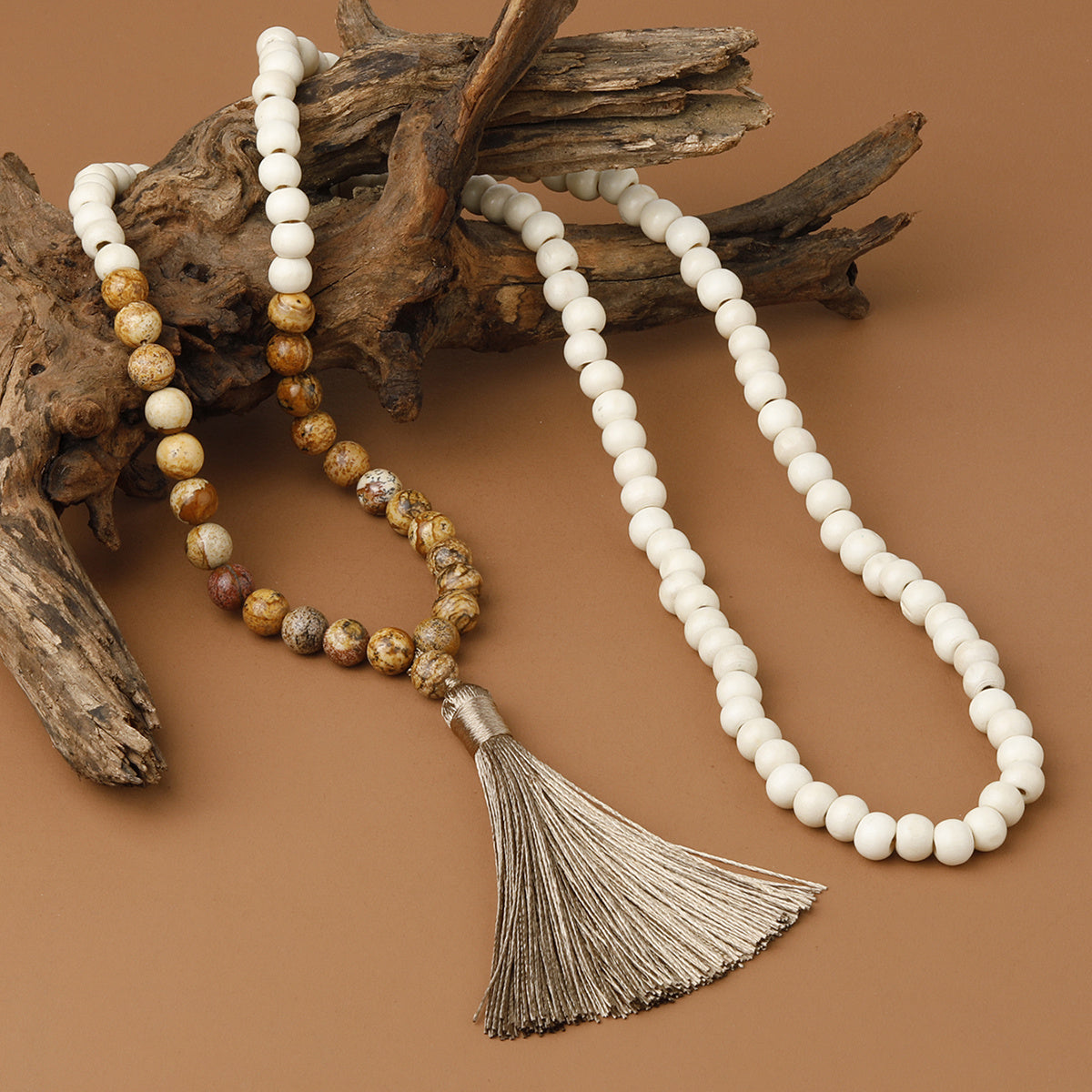 Men's Natural Stone & Wood Beads Tassel Necklace