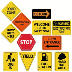 12pcs Size 8 Construction Zone Party Decorations Traffic Sign Cutouts