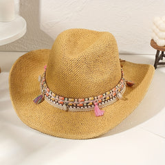 Gradient Jazz Cowboy Hat Vintage Western Straw Sun Hat Hollow Out Breathable Cla