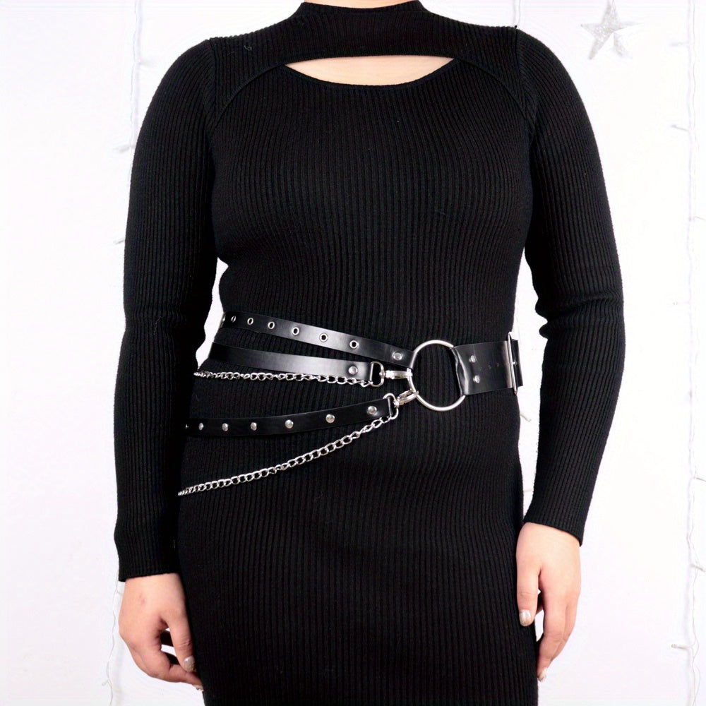 Vintage Punk PU Wide Belt Gothic Chain Adjustable Harness Belt Women