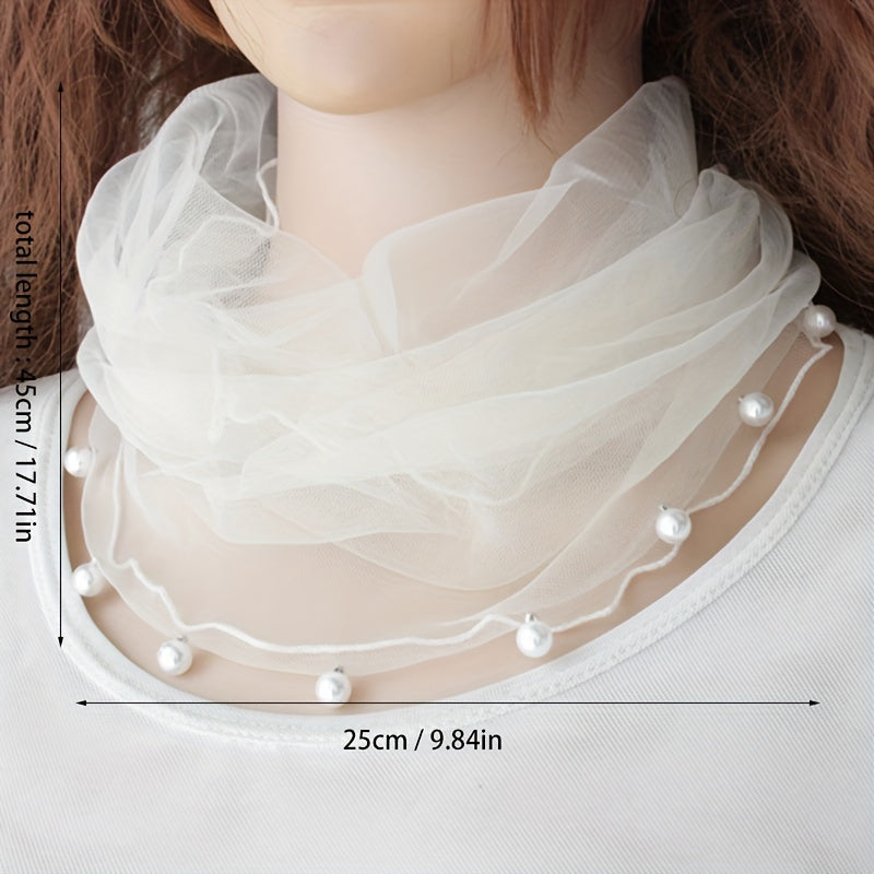 Faux Pearl Ruffle Scarf Gauze Neck Warmer Infinity Loop Scarf