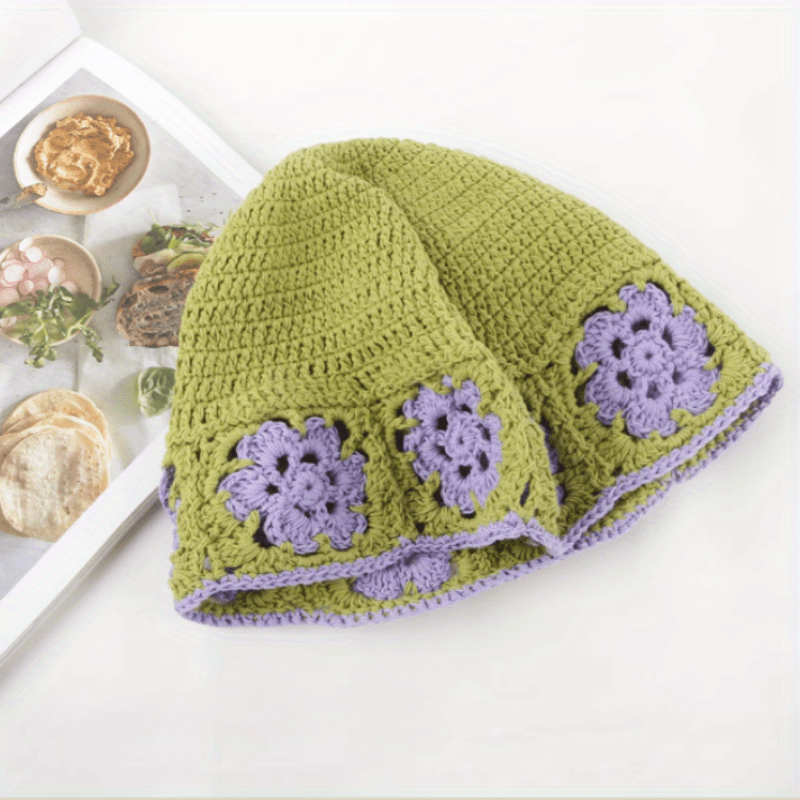Flower Crochet Bucket Hat Thin Beanie Lightweight Block Cl