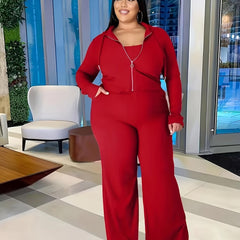  Solid Tube Top & Drawstring Hoodie & Wide Leg Pants Set