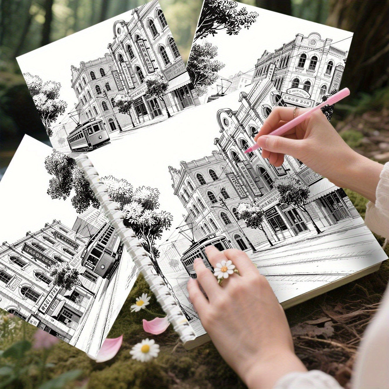 European Streets Coloring Book for Adults - Tram Scenes