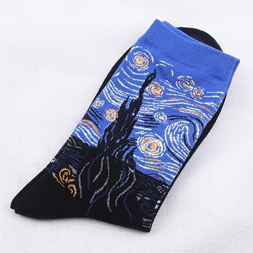 Retro Painting Pattern Mid-calf Socks, Unisex, Spring/Autumn