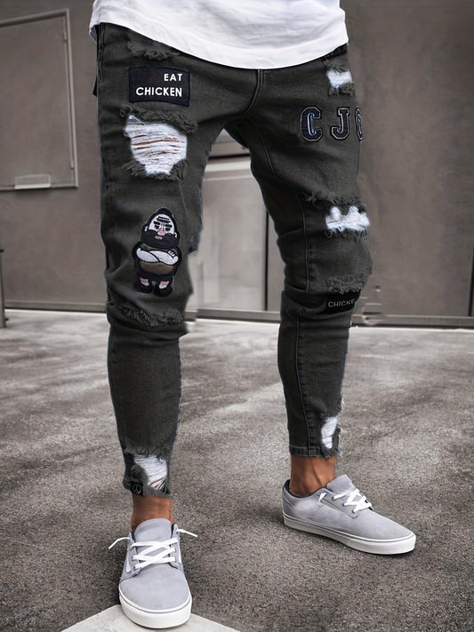Letter Print Slim Fit Ripped Jeans Distressed Denim Pants