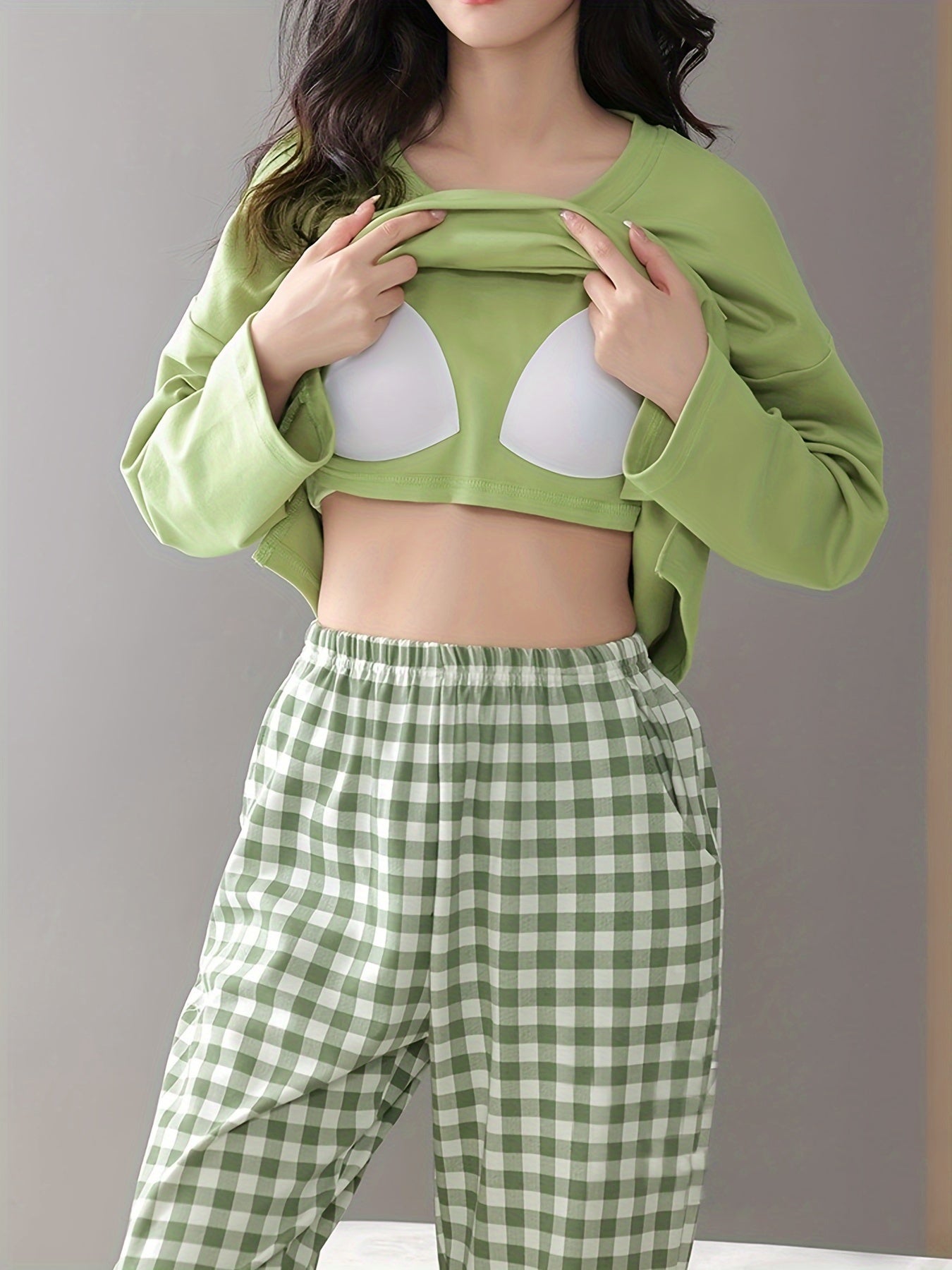 Plaid Print Pajama Set Long Sleeve Crew Neck Top & Elastic Waistband Pants