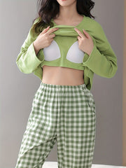 Plaid Print Pajama Set Long Sleeve Crew Neck Top & Elastic Waistband Pants