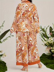 Women's Plus Paisley Print Long Sleeve Cardigan & Wide Leg Pants 2 Piece Set