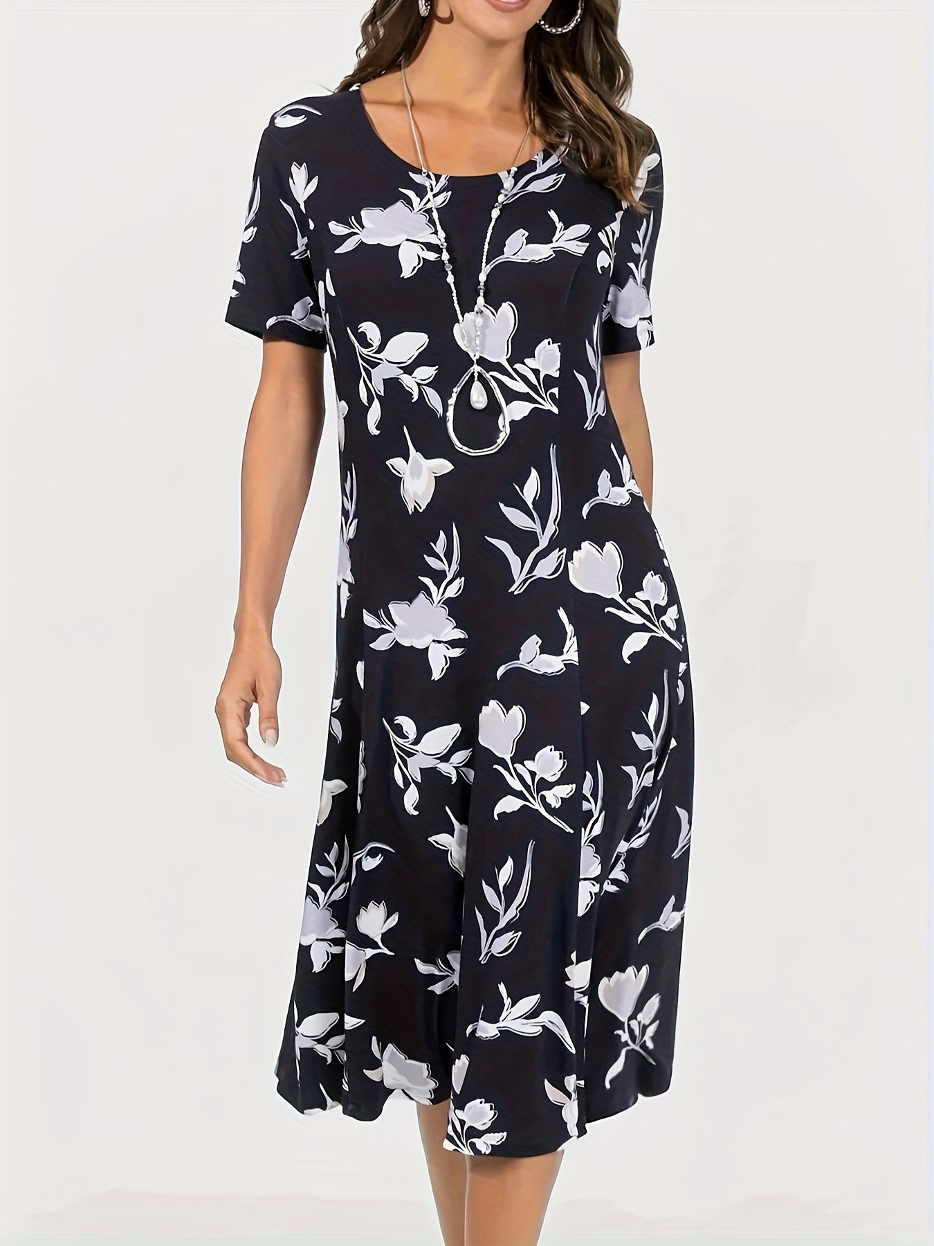  Floral Print Short Sleeve Round Neck Dress